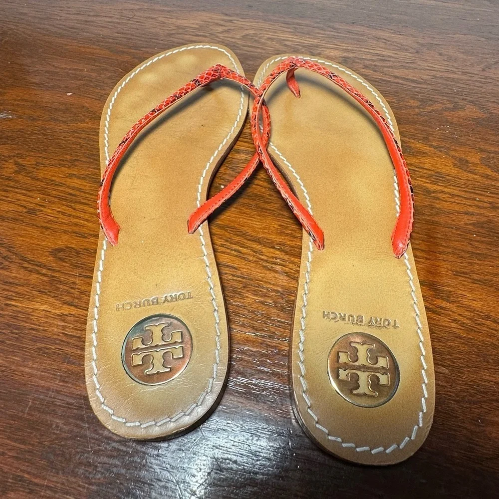 Tory Burch Red Snakeskin Terra Thong Sandals Size 10 GUC